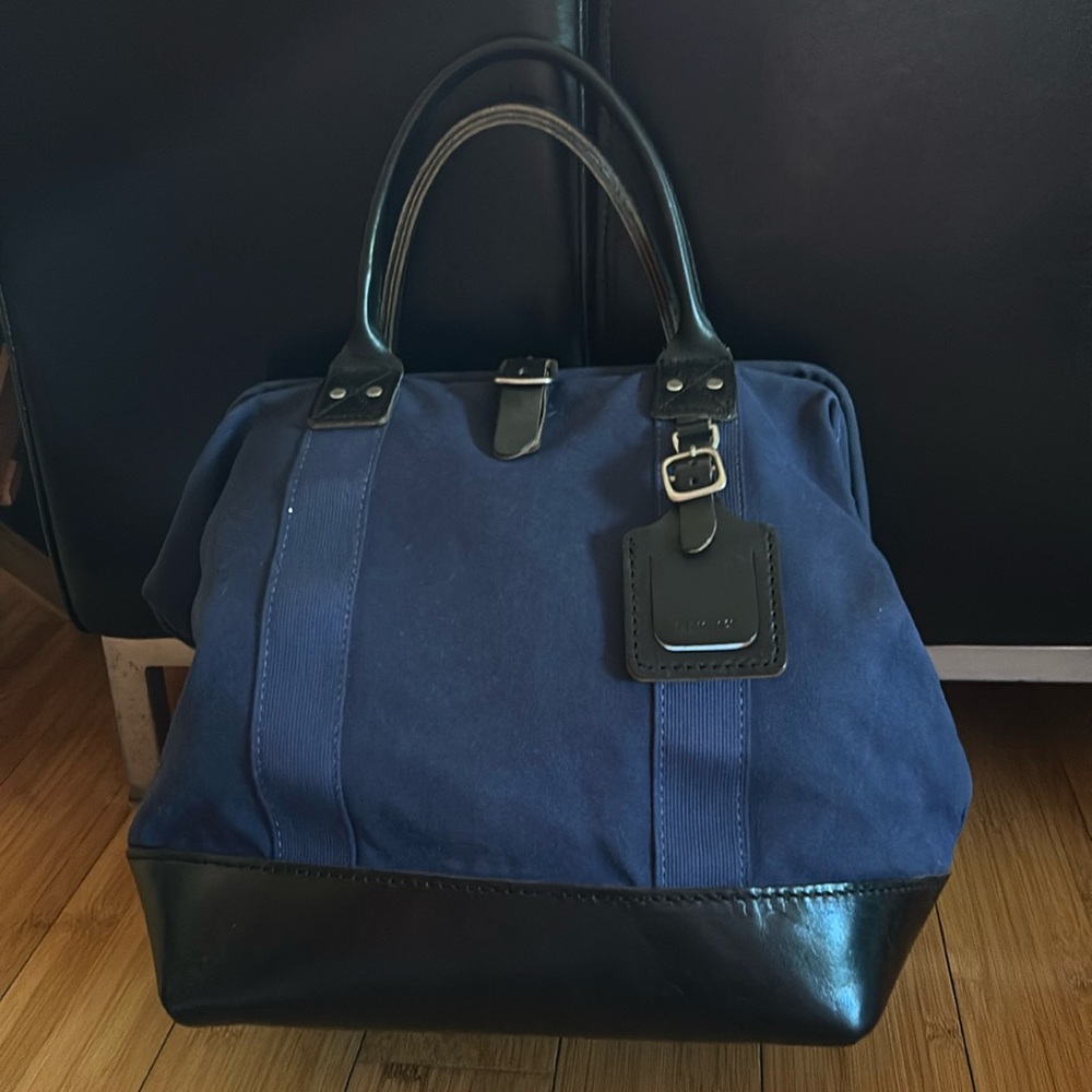 Billy Kirk #164 blue canvas & leather carry all w/top handles & cross body strap